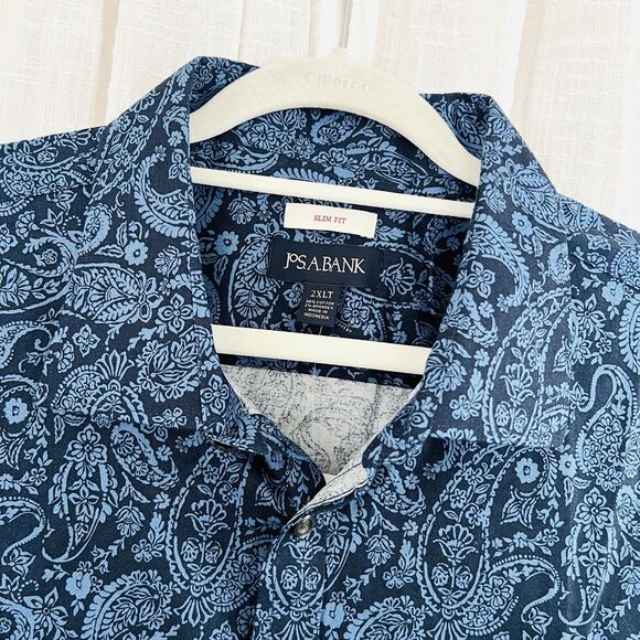 NWT Jos A Bank Blue Paisley Lightweight Satin Button Down Dress Shirt 2XLT - Picture 2 of 8